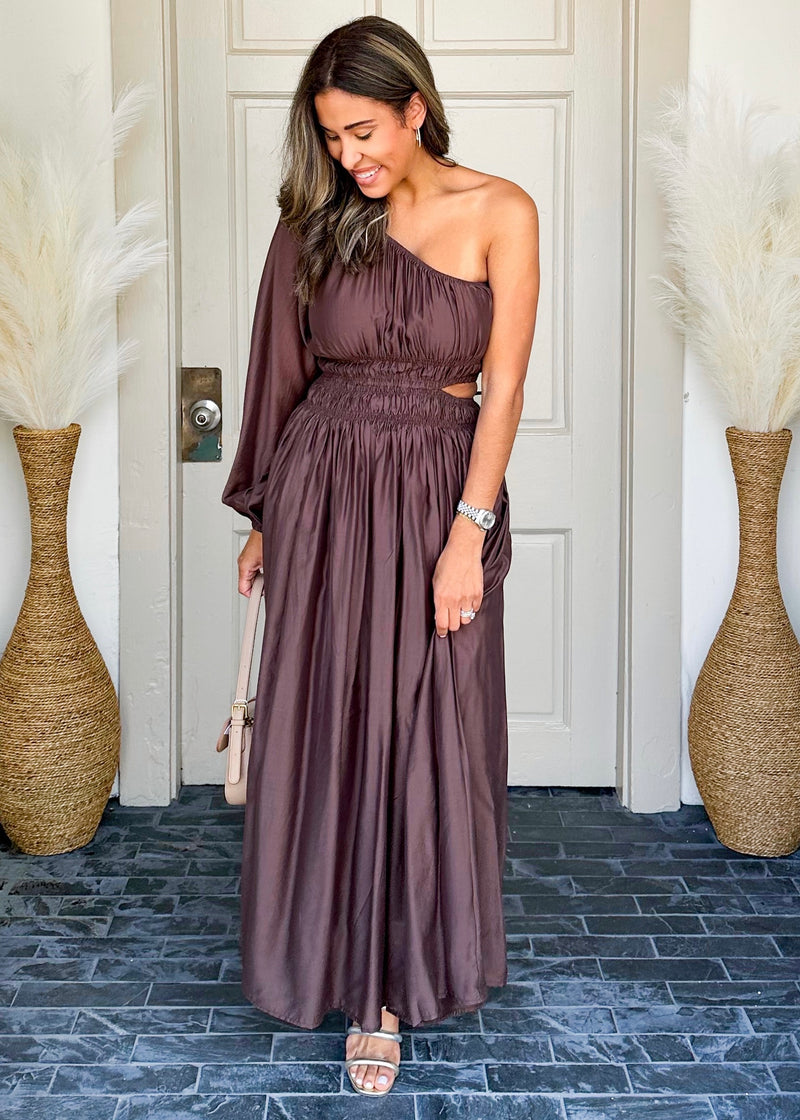 One Shoulder Cut Out Midi Dress- Chocolate