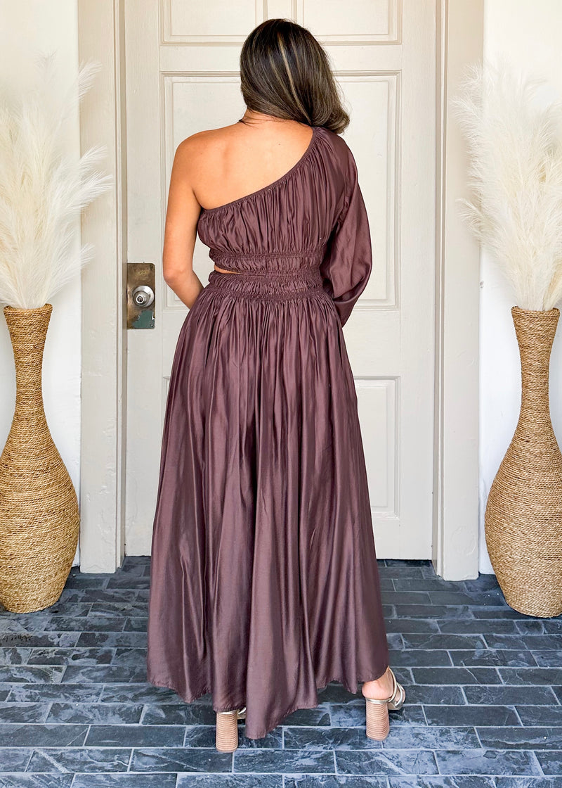 One Shoulder Cut Out Midi Dress- Chocolate