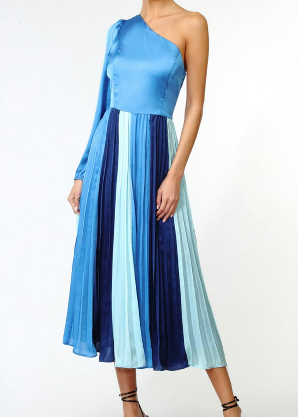 Cher One Shoulder Colorblock Midi Dress- Blue