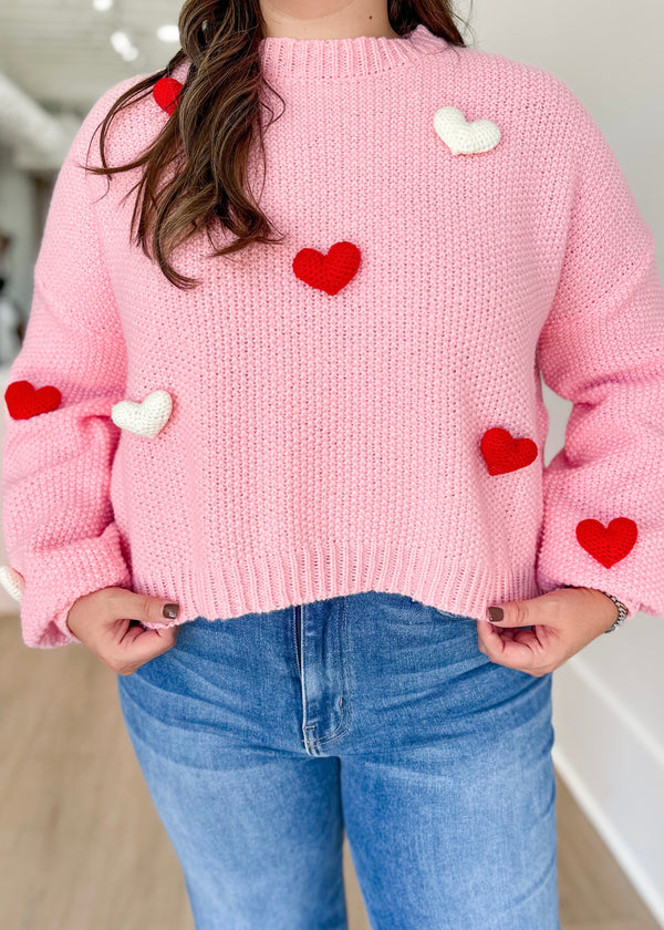 3D Heart Crochet Long Bubble Sleeve Sweater