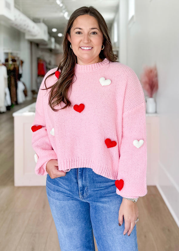 3D Heart Crochet Long Bubble Sleeve Sweater