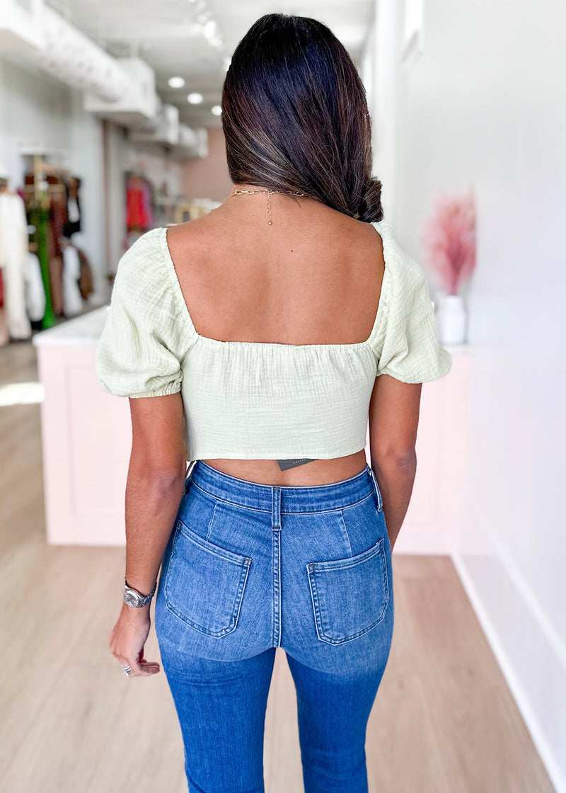 Puff Sleeve Front Tie Crop