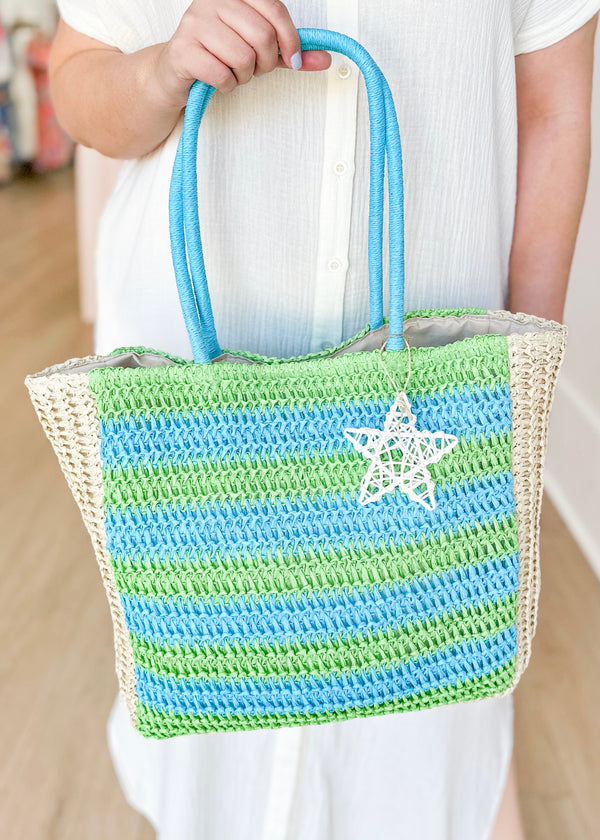 Straw Tote- Green/Turquoise
