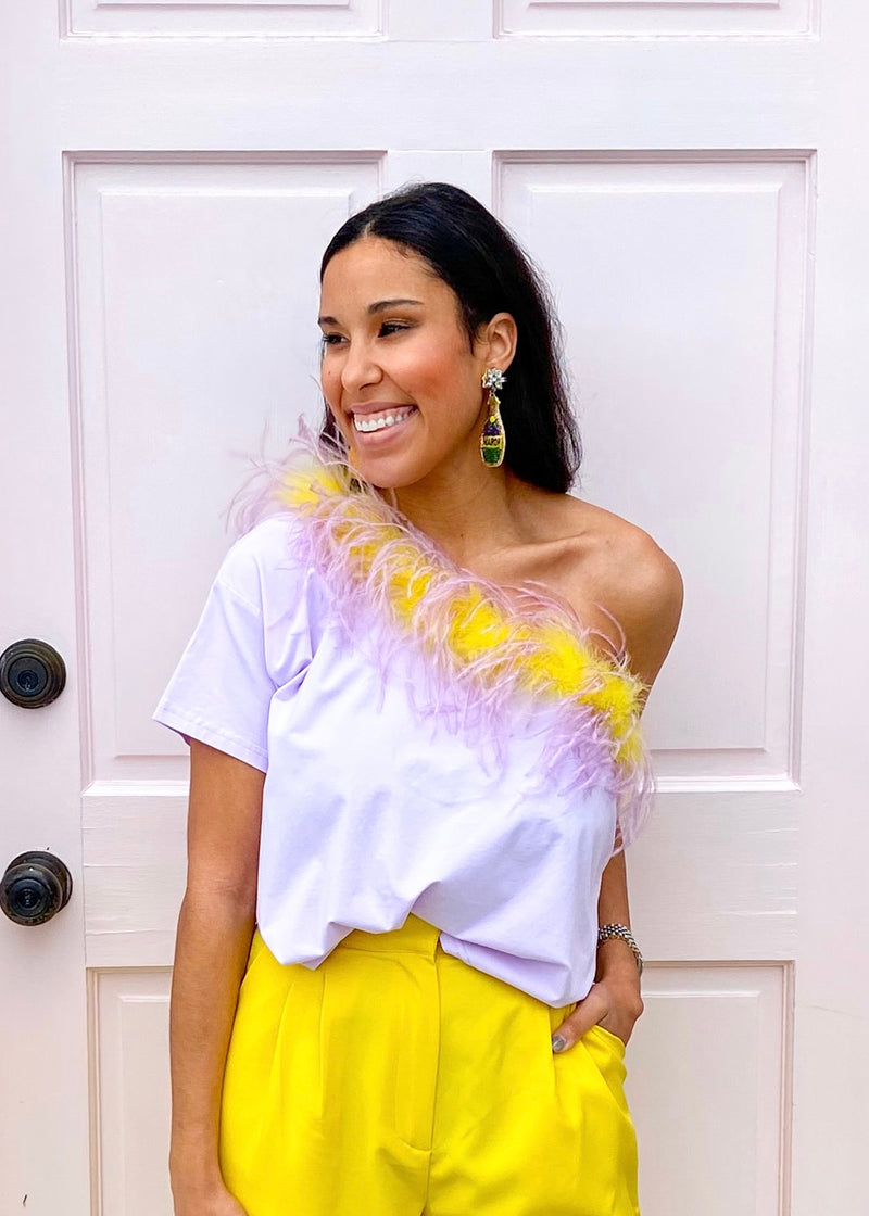 Yellow/lavender feather one shoulder