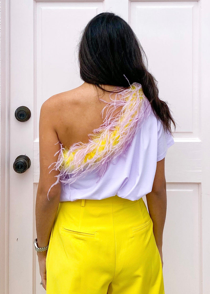 Yellow/lavender feather one shoulder